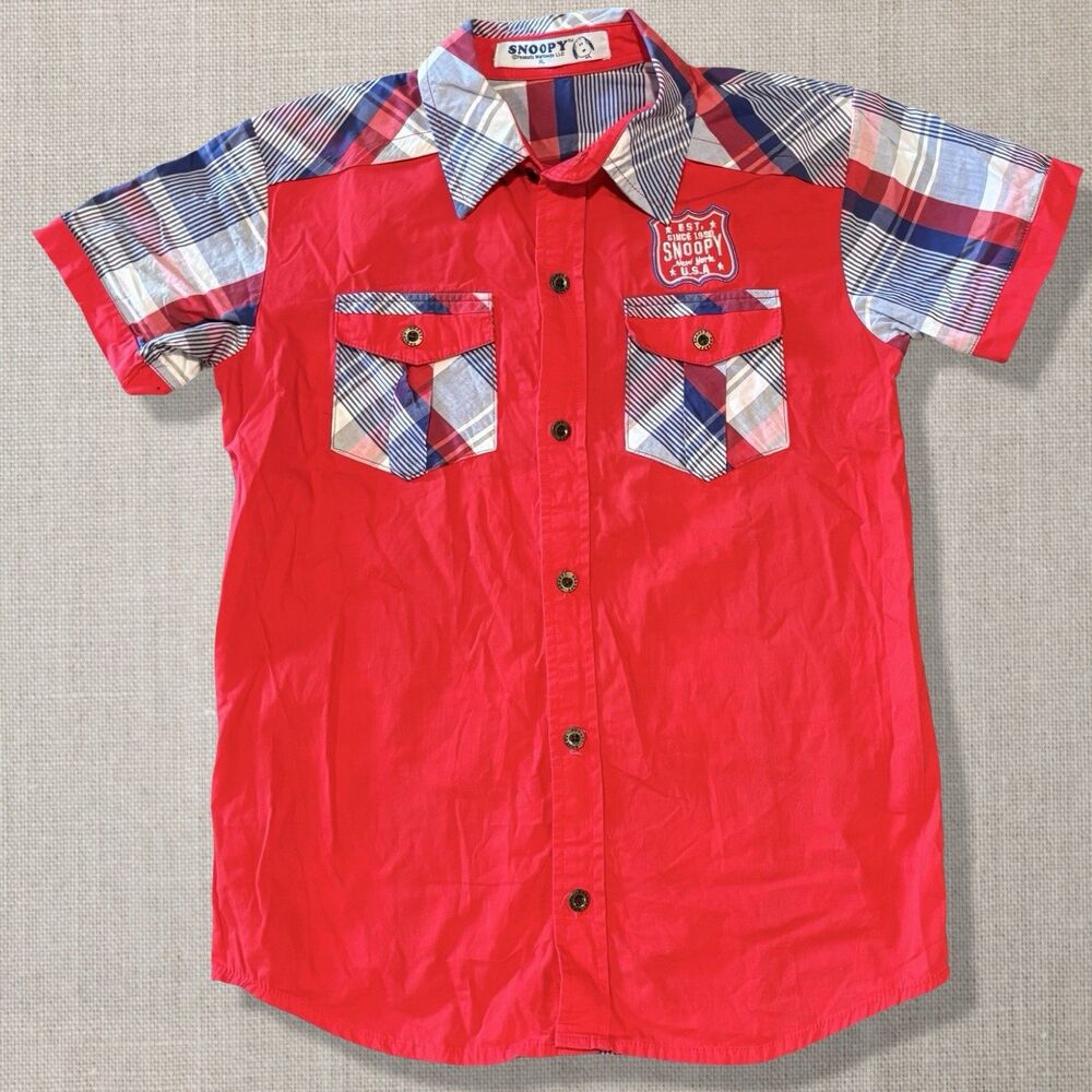 Snoopy Peanuts Boys XL Western Plaid Button Up Shirt Red Cotton Americana